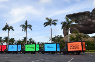 A fleet of LED advertising trucks lightened up for a brand campaign. Photo by MVS Media Group.